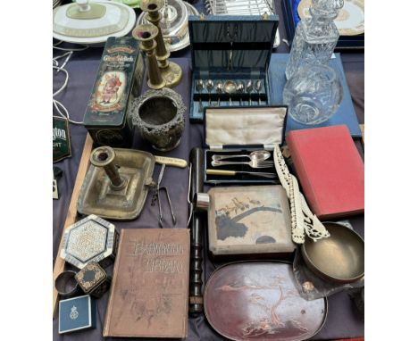 A truncheon together with brass candlesticks, lacquer boxes, bone carvings, bronze bowl, books etc