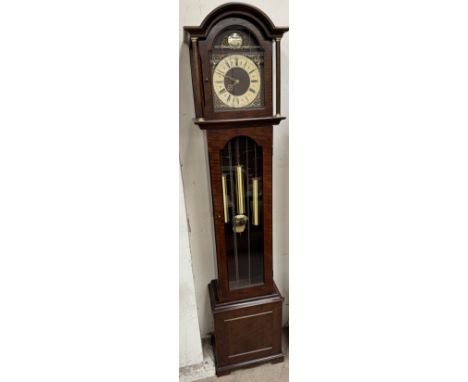 A mahogany grand daughter clock, with a gilt dial and Roman numerals and a glazed door, box base and bracket feet, 185.5cm hi