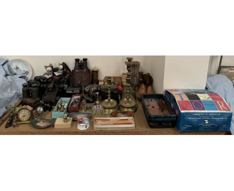 Two pairs of brass candlesticks together with opera glasses, Polaroid camera, bowls, enamel dishes etc 