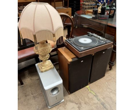 A Bang and Olufsen Beogram 1500 record player together with a pair of Sony speakers, a sub woofer and a table lamp 