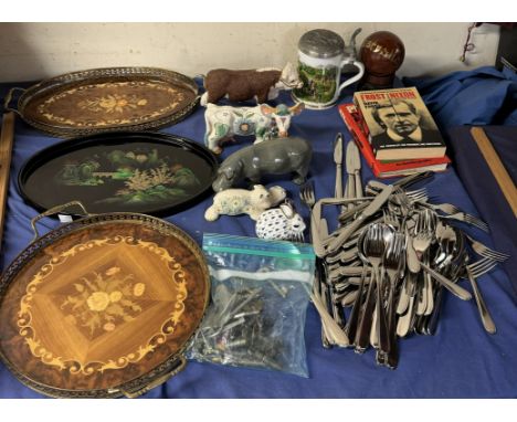 A Beswick hippopotamus together with a Royal Crown Derby rabbit, Stein, books, trays, model cricket ball, a chrome flatware s