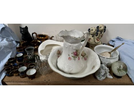 A pair of pottery dogs together with assorted copper lustre jugs, pottery cats, jug and basin set etc 