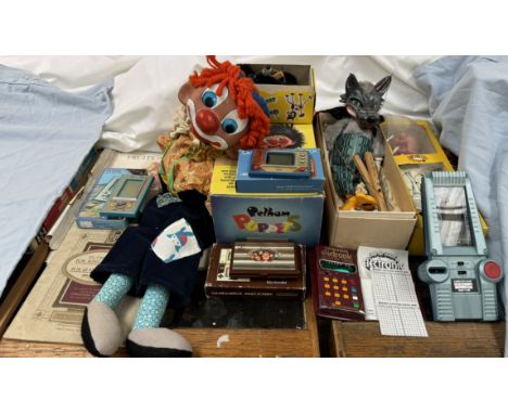 A Pelham ventriloquism dummy together with a Pelham poodle, another Pelham puppet, Nintendo electrical games etc