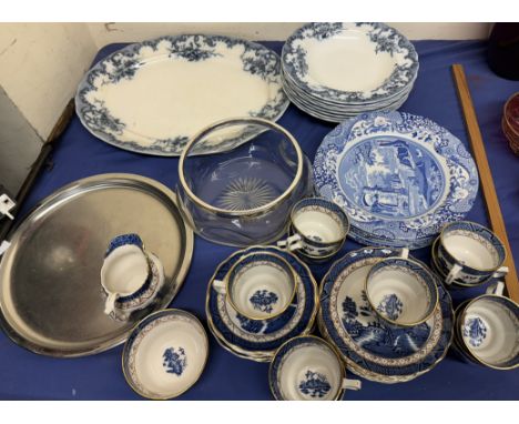 A Royal Doulton Real Old Willow pattern part tea service together with other blue and white plates etc 