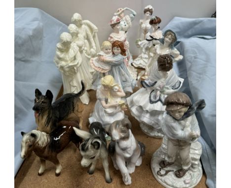 Assorted Coalport figures including The Boy, Visiting Day, The Milkmaid, Georgina, etc together with Royal Worcester figures,
