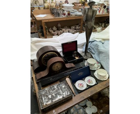 Two mantle clocks together with a jewellery box, costume jewellery, Art Deco type figure, cups and saucers, fans etc 