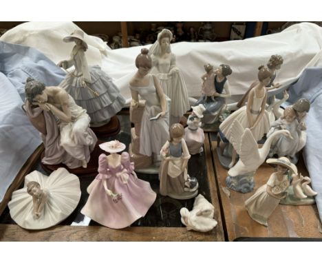 A Lladro figure of a maiden reading together with three other Lladro figures, a collection of Nao figures and a coalport figu
