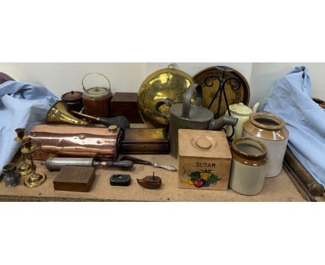A copper foot warmer together with brass candlesticks, copper horn, biscuit barrels, storage jars, papier mache snuff box, sh