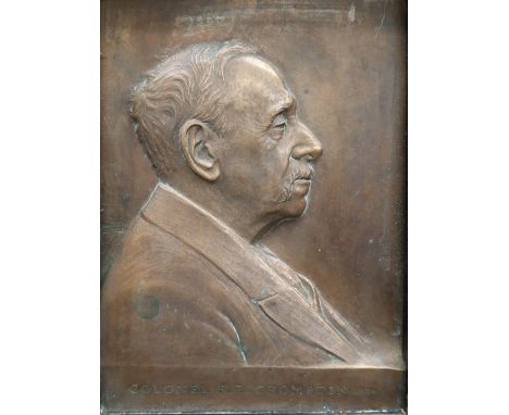 Bronze portrait plaque of Colonel R.E. Crompton, in profile, dated 1924, 26.5 x 19cm, bears a label to the reverse "The plaqu