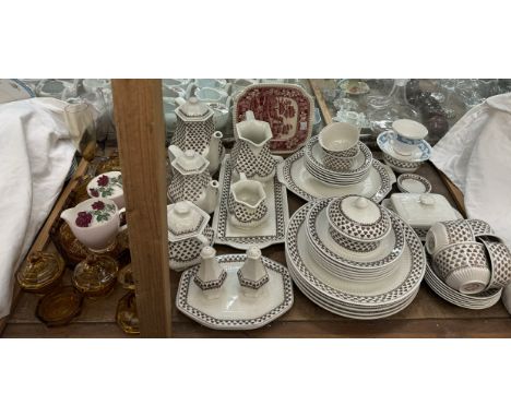 An Adams Sharon pattern part tea and dinner service together with an amber glass part dressing table set, champagne glasses, 