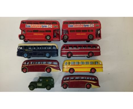 Seven Dinky bus models, includes 2 x Dinky 289 Esso Tyres double-decker buses (both VG) and Duple Roadmaster Leyland Royal Ti