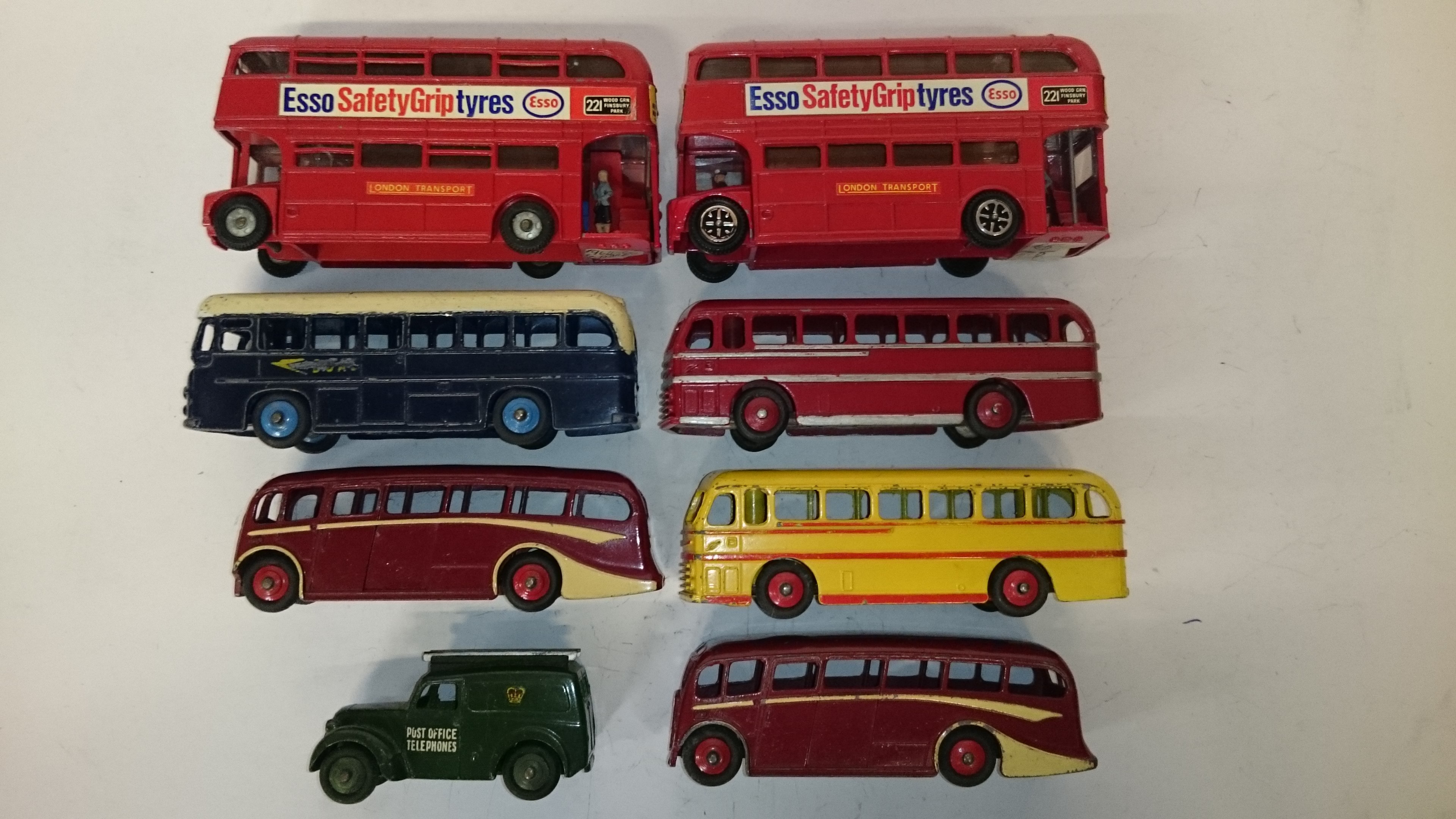 Seven Dinky bus models, includes 2 x Dinky 289 Esso Tyres double-decker ...