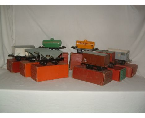 HORNBY 0 Gauge - 8 x No 1 and 50 Wagons - 2 x BR Hopper wagons, BR Meat Van, LMS Grey Brake Van, LMS Goods Van and a BR Flat 
