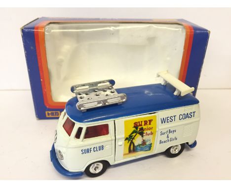 Tomica Dandy F24 Volkswagen Van 'West Coast Surf Club', 1/43 scale model in white with blue roof and chassis, chrome hubs, de