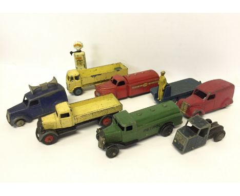 Selection of Dinky commercial models, includes Dinky 25d Petrol Tank Wagon in green with black hubs and wheel arches (G), 280
