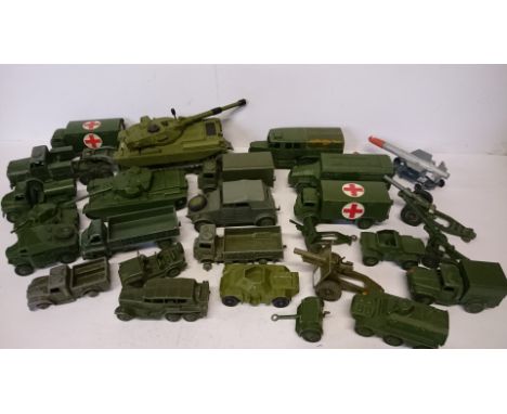 Quantity of Dinky and other military diecasts, includes 152B Reconnaissance Car and 623 Army Wagon. Conditions P-VG, unboxed.