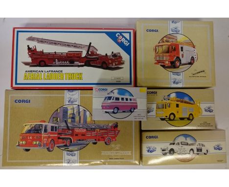 Six Corgi emergency vehicle models: 97321 American LaFrance Aerial Ladder Truck; 97320 American LaFrance Aerial Ladder Truck;