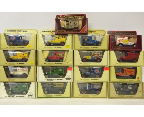 17 x Matchbox Models of Yesteryear Y12 1912 Ford T Van Code 2 models, includes Bird's Custard, Motor 100 Silverstone Circuit,