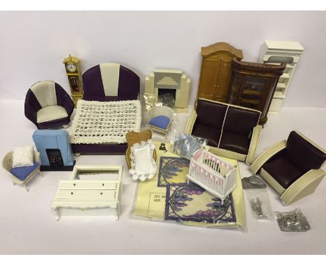 Quantity of Art Deco style doll's house furniture, accessories and lighting, includes a 1930's style bespoke bed, sofa and tw