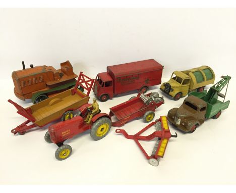 Selection of Dinky models, includes Dinky Supertoys 514 Guy Slumberland Van (G) and Dinky Massey-Harris with attachments (G).