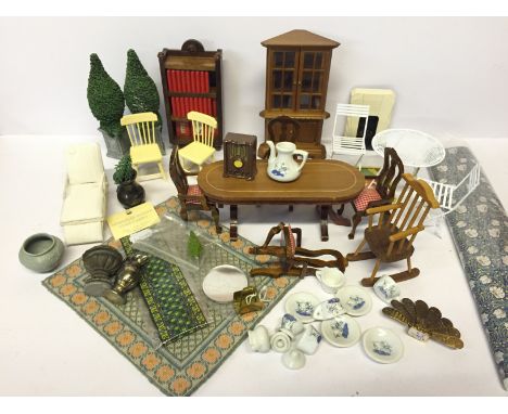 Quantity of Art Deco style doll's house furniture, accessories and lighting, includes dining table and chairs, garden furnitu