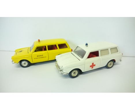 Marklin No.1808 VW Variant 1600 ADAC in yellow, together with Marklin VW Variant 1600 Ambulance (light requires reattachment)