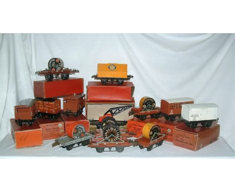 HORNBY 0 Gauge 11 x No 1 Goods Wagons and a Crane Truck - Red/Black Crane Truck (Good Boxed) - LMS Flat Truuck with Cable Dru