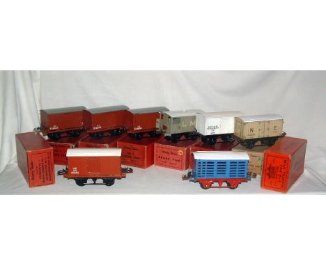 HORNBY 0 Gauge 8 x No 1 Goods Wagons - 4 x Goods Vans (3 x BR and a NE), 2 x NE Refrigerator Vans, a Milk Traffic Van and a L