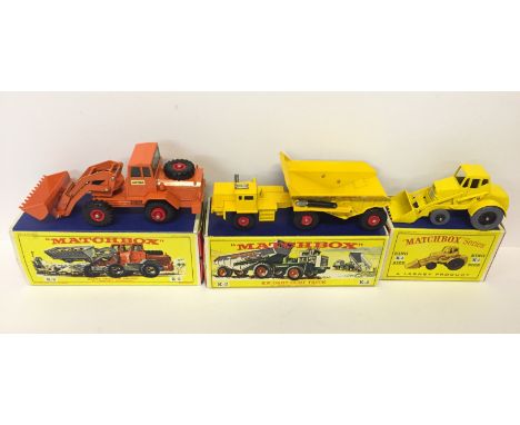 Three Lesney Matchbox King-Size models: K-1 Weatherill Hydraulic Shovel; K-2 KW Dart Dump Truck; K-3 Hatra Tractor Shovel. E 