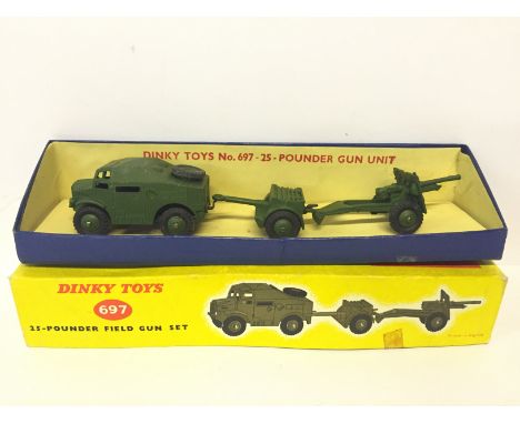 Dinky Toys 697 25-Pounder Field Gun Set, comprising 688 Field Artillery Tractor, 687 Trailer and 686 25-Pounder Field Gun. VG