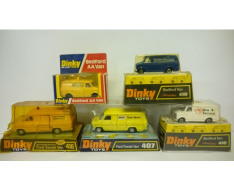 Dinky Toys Bedford and Ford Van models: 407 Ford Transit Van 'Hertz' (VG in VG bubble pack); 416 'Motorway Services' Ford Tra