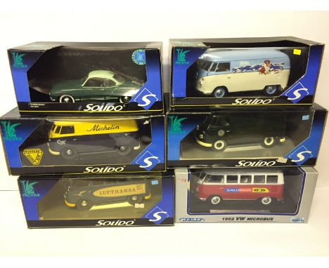 Five Solido Prestige 1/18 scale Volkswagen models:  #8610 VW Karmann Vacances; #9558 Lufthansa Van; #8041 Michelin Van; #9523