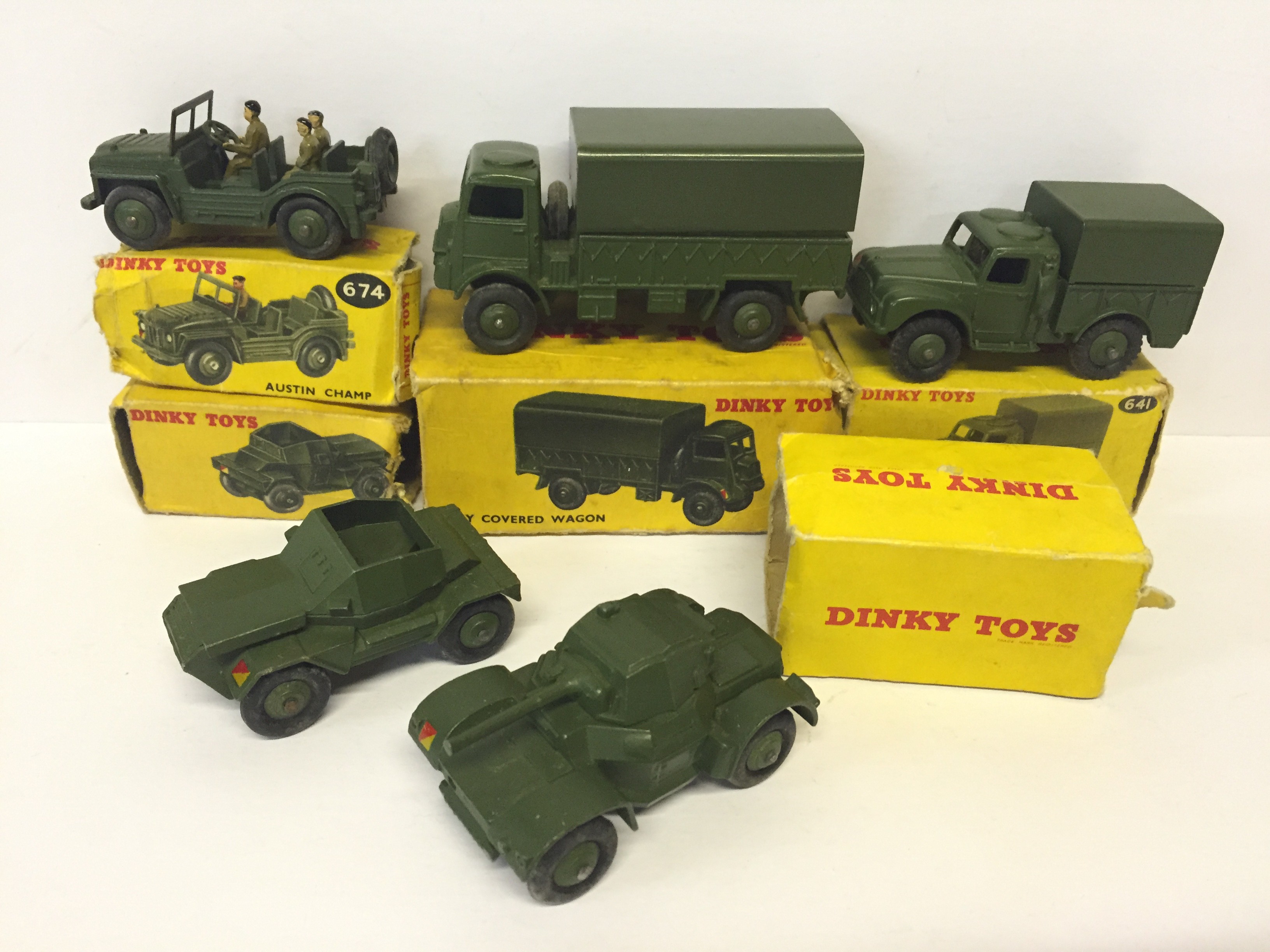 Five Dinky Toys military models: 641 Army 1-Ton Cargo Truck; 674 Austin ...