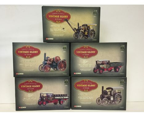 Five Corgi Vintage Glory of Steam 1/50 scale models: 2 x Foden (#80203; #80206); 3 x John Fowler & Co. Traction Engine (#8011