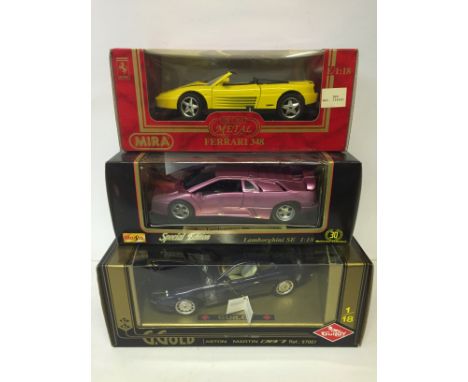 Guiloy, Mira and Maisto, three 1/18 scale die-cast sports cars: Guiloy #67007 Aston Martin DB7; Mira Ferrari 348; Maisto Lamb