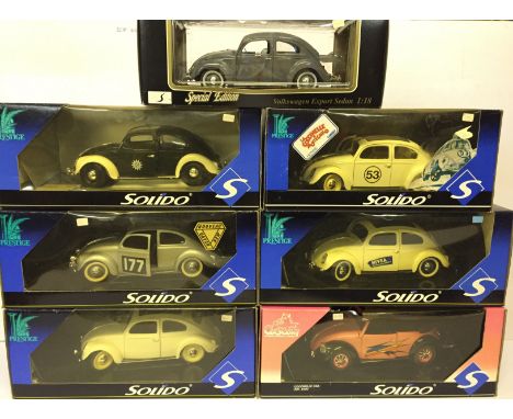 Six Solido Prestige 1/18 scale Volkswagen models, includes #8302 Coccinelle Cab Custom and La Coccinelle a Monte Carlo 'Herbi