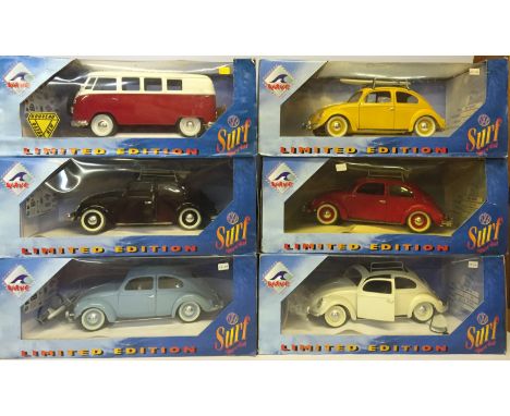 Six Solido 1/18 scale Volkswagen Surf Special models: 4 x 1965 VW Sunroof; 1952 Split Window; 1966 Combi Van. These models we