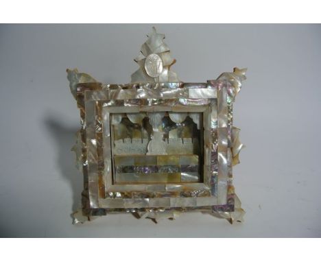 An eastern framed shrine (?) of rectangular form constructed in timber with extensive mother of pearl panelled inlay, inset w
