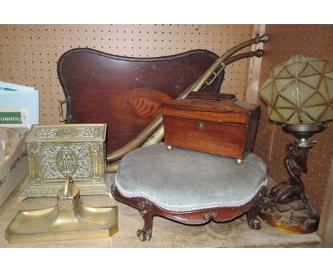 A large Edwardian mahogany tray with raised shaped sides, with inlay over panel depicting a seashell to the centre together w