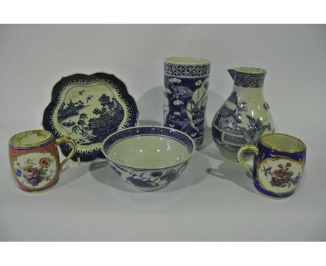 A collection of 19th century and other ceramics including an oriental blue and white vase of cylindrical form with painted dr