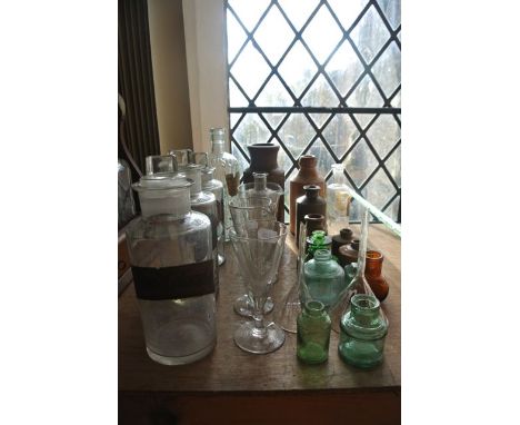 Three similar but not matching, vintage glass medicinal flasks, each bearing labels to include "Pil Cathartic & Liver", toget