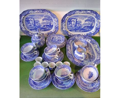 A quantity of Copeland Spode blue and white printed Italian pattern wares including four rectangular serving plates, teapot, 