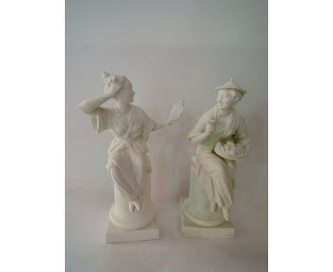 A pair of Royal Worcester white bisque type figures modelled by A Azori, one showing a woman admiring her reflection in a han