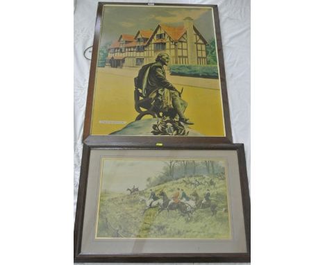 An early 20th century travel poster for Stratford Upon Avon showing Shakespeare against a backdrop with half-timbered houses,