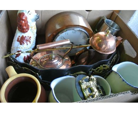 A miscellaneous collection including an Art Deco walnut three train mantle clock, a 19th century copper kettle, further Turki