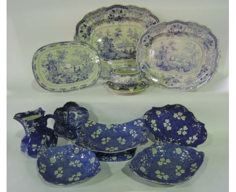 A collection of 19th century blue and white printed wares in the Fairy Villas pattern comprising two oval graduated meat plat