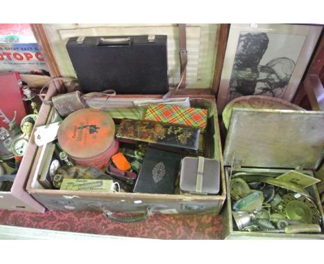 A large miscellaneous collection to include a selection of brass wares, a chest with hinged top with embossed ivy leaf and sc