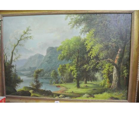 An oil painting on canvas of an extensive mountainous landscape with cattle watering beside a lake, signed bottom right K Har