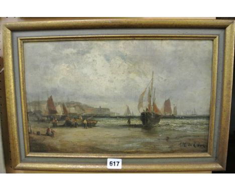 A 19th century oil painting on canvas of a busy coastal scene with fishing boats, fishermen and women, etc, indistinctly sign