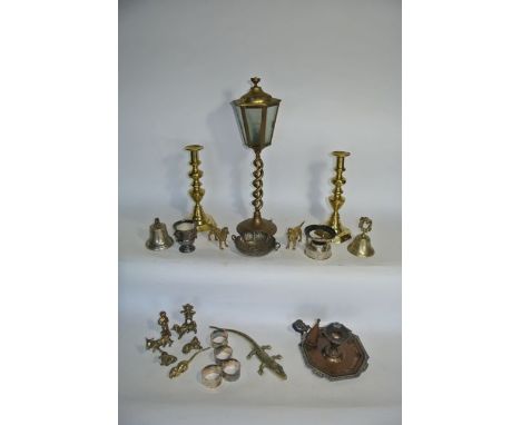A selection of metal wares to include a good quality pair of Georgian candlesticks, a table lamp in the form of a street lamp
